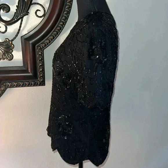 Stenay Women’s 100% Silk Black Beaded Sequin Vintage Scalloped Hem Size Medium - Picture 9 of 16